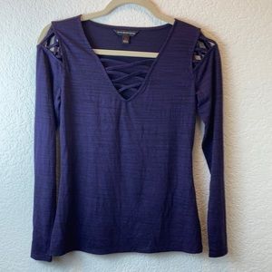 🌞Rock & Republic Heather Purple V Neck Crisscross Detail Long Sleeve Shirt A-75